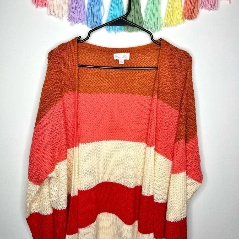 Pink Lily Boutique Colorblock Chunky Stripe Knitted Tunic Length Long Cardigan